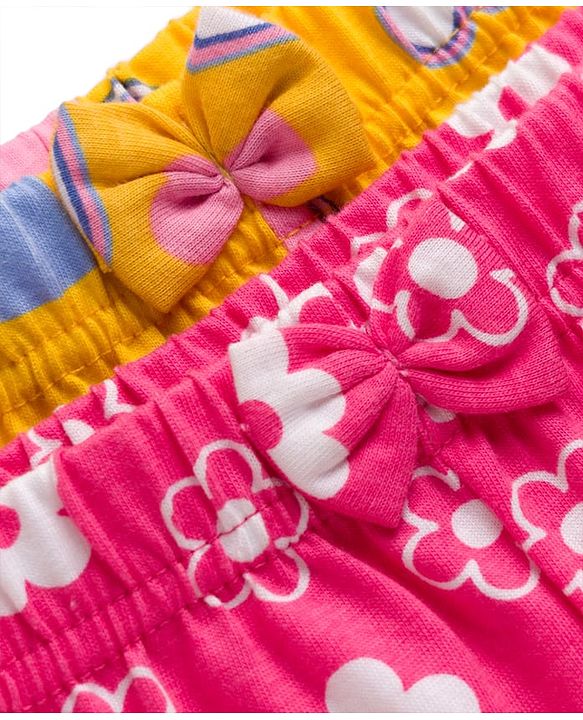 Babyhug 100% Cotton Single Jersey Knit Floral & Hearts Printed Mid Thigh Length Shorts With Bow Applique Pack Of 2 - Pink & Yellow