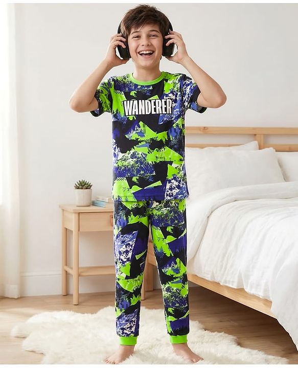Pine Kids 100% Cotton Bio Washed Half Sleeves Abstract Printed T-Shirt & Pyjama Co-Ord Night Suit - Multicolour