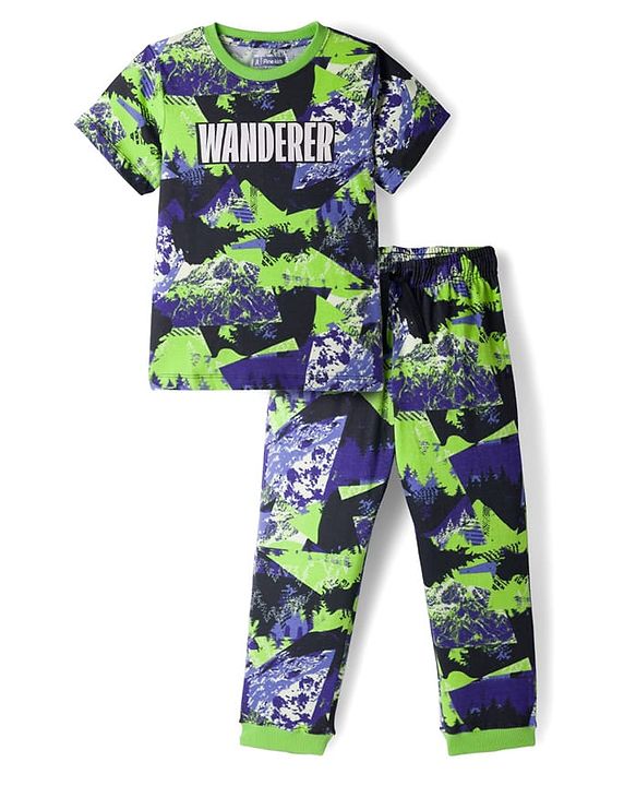 Pine Kids 100% Cotton Bio Washed Half Sleeves Abstract Printed T-Shirt & Pyjama Co-Ord Night Suit - Multicolour