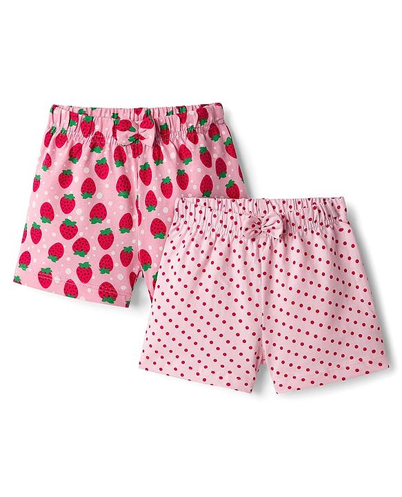 Babyhug Single Jersey Knit Mid Thigh Shorts With Strawberry Print Pack Of 2 - Pink