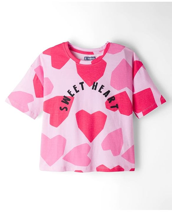 Pine Kids 100% Cotton Bio Washed Half Sleeves Hearts Printed T-Shirt & Pyjama Co-Ord Night Suit - Pink
