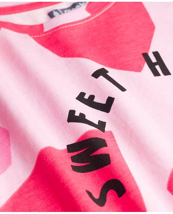 Pine Kids 100% Cotton Bio Washed Half Sleeves Hearts Printed T-Shirt & Pyjama Co-Ord Night Suit - Pink