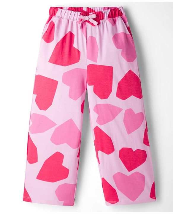 Pine Kids 100% Cotton Bio Washed Half Sleeves Hearts Printed T-Shirt & Pyjama Co-Ord Night Suit - Pink
