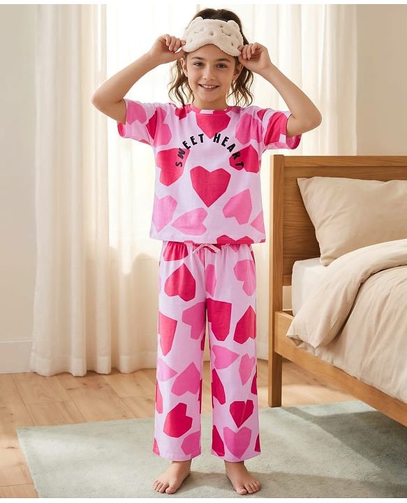 Pine Kids 100% Cotton Bio Washed Half Sleeves Hearts Printed T-Shirt & Pyjama Co-Ord Night Suit - Pink