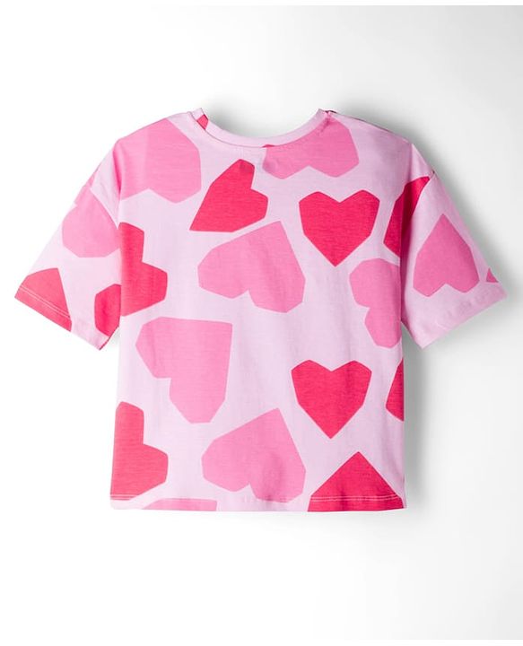 Pine Kids 100% Cotton Bio Washed Half Sleeves Hearts Printed T-Shirt & Pyjama Co-Ord Night Suit - Pink