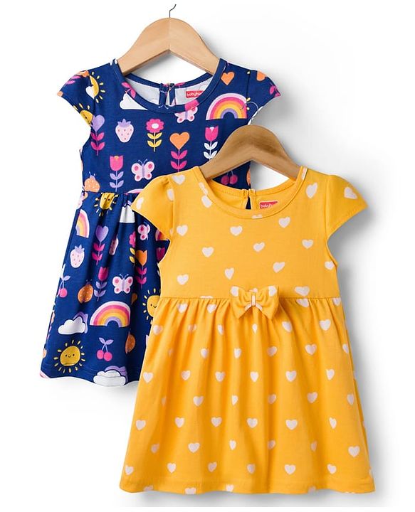 Babyhug 100% Cotton Knit Half Sleeves Floral Printed  Frock With Bow Pack Of  2- Multicolour