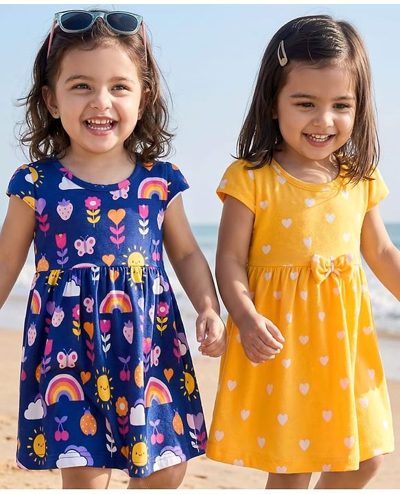 Babyhug 100% Cotton Knit Half Sleeves Floral Printed  Frock With Bow Pack Of  2- Multicolour