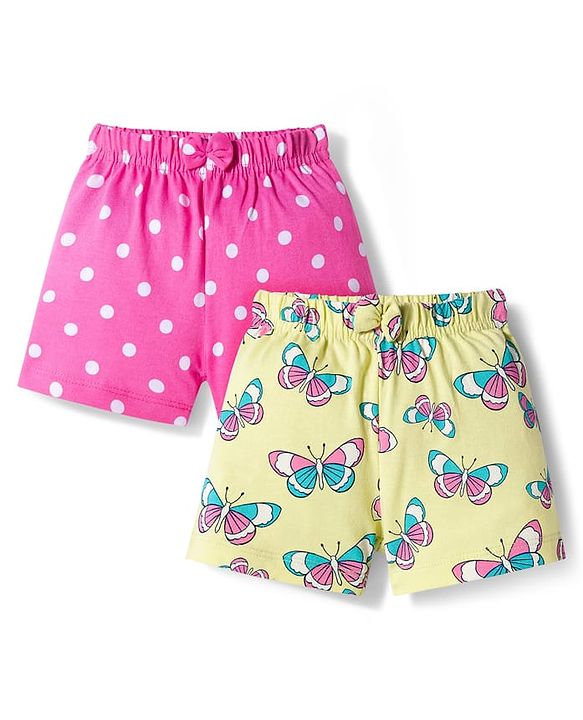 Babyhug 100% Cotton Single Jersey Knit Polka Dots & Butterfly Printed Mid Thigh Length Shorts With Bow Applique Pack Of 2 - Pink & Light Yellow