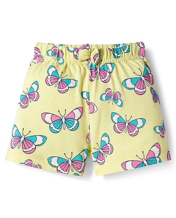 Babyhug 100% Cotton Single Jersey Knit Polka Dots & Butterfly Printed Mid Thigh Length Shorts With Bow Applique Pack Of 2 - Pink & Light Yellow
