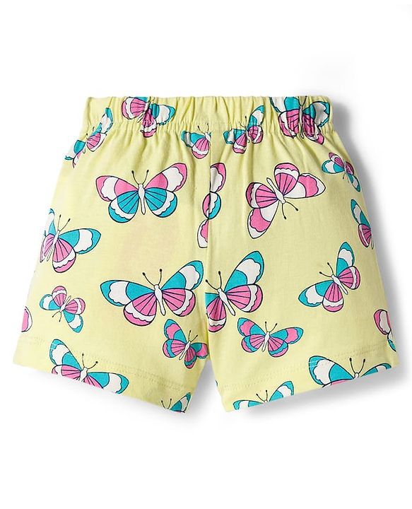 Babyhug 100% Cotton Single Jersey Knit Polka Dots & Butterfly Printed Mid Thigh Length Shorts With Bow Applique Pack Of 2 - Pink & Light Yellow