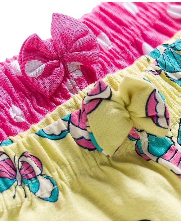 Babyhug 100% Cotton Single Jersey Knit Polka Dots & Butterfly Printed Mid Thigh Length Shorts With Bow Applique Pack Of 2 - Pink & Light Yellow