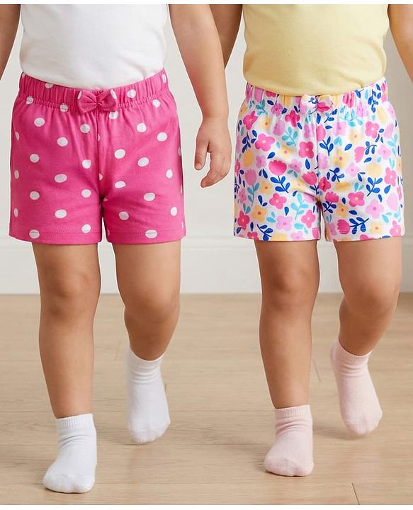 Babyhug Single Jersey Knit Mid Thigh Floral & Polka Dot Printed Shorts With Bow Applique Pack of 2 - Dark Pink & White
