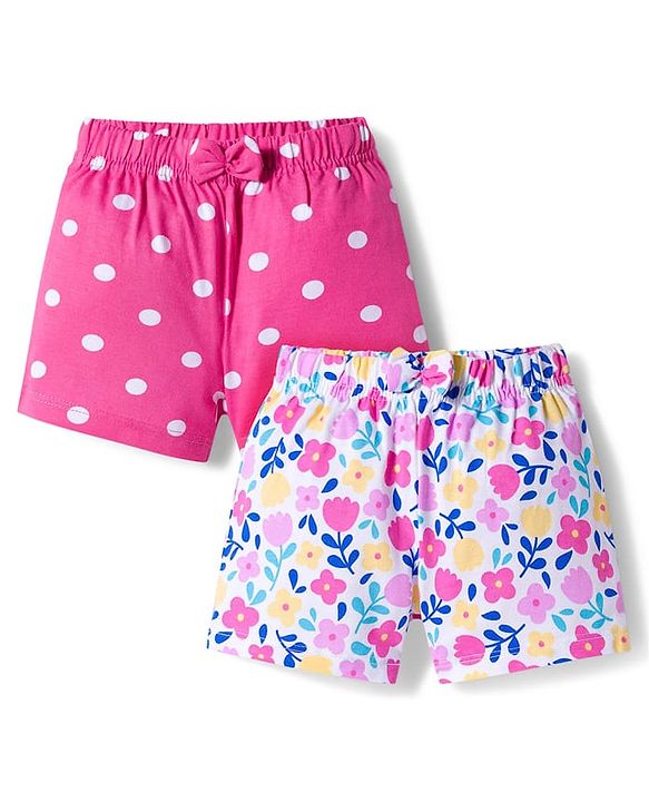 Babyhug Single Jersey Knit Mid Thigh Floral & Polka Dot Printed Shorts With Bow Applique Pack of 2 - Dark Pink & White