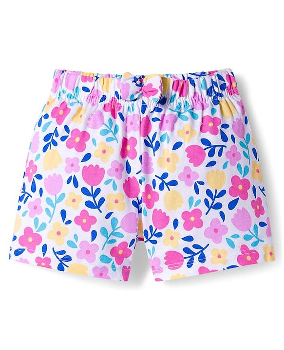 Babyhug Single Jersey Knit Mid Thigh Floral & Polka Dot Printed Shorts With Bow Applique Pack of 2 - Dark Pink & White