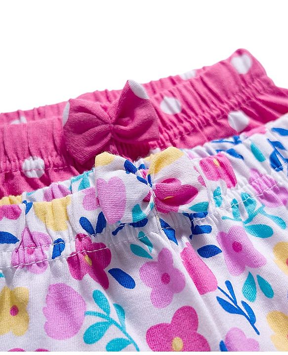 Babyhug Single Jersey Knit Mid Thigh Floral & Polka Dot Printed Shorts With Bow Applique Pack of 2 - Dark Pink & White