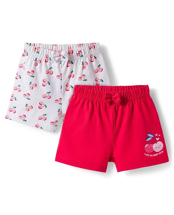 Babyhug Single Jersey Knit Cherry Printed Shorts With Bow Pack Of 2 -  Multicolour