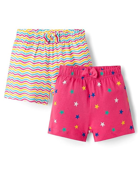 Babyhug Single Jersey Knit Mid Thigh Shorts With Star Print Pack Of 2 - Pink & Yellow