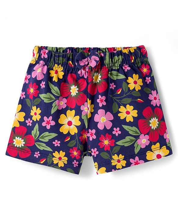 Babyhug Single Jersey Knit Floral & Polka Dots Printed Mid Thigh Length Shorts With Bow Applique Pack Of 2 - Navy Blue & Yellow