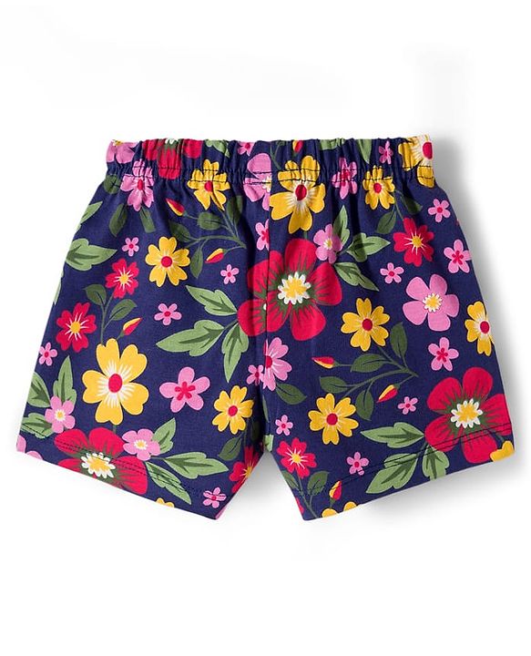 Babyhug Single Jersey Knit Floral & Polka Dots Printed Mid Thigh Length Shorts With Bow Applique Pack Of 2 - Navy Blue & Yellow