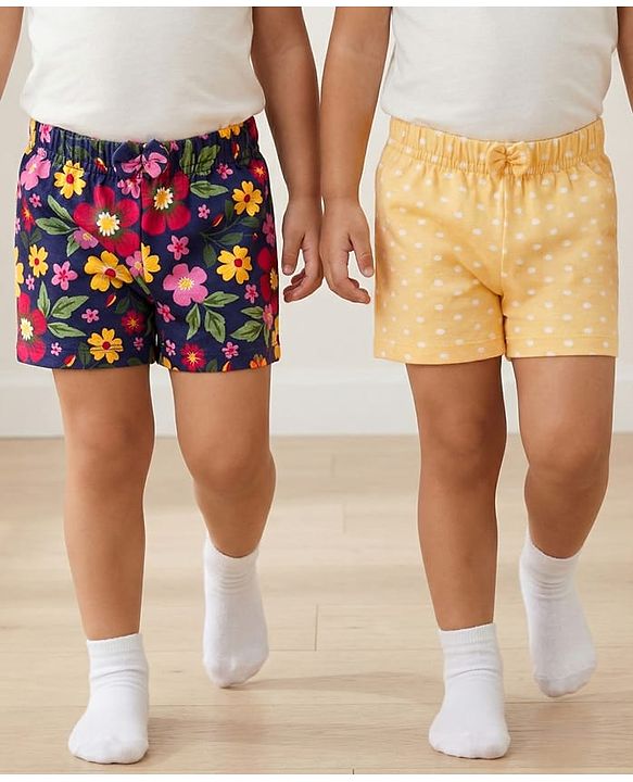 Babyhug Single Jersey Knit Floral & Polka Dots Printed Mid Thigh Length Shorts With Bow Applique Pack Of 2 - Navy Blue & Yellow