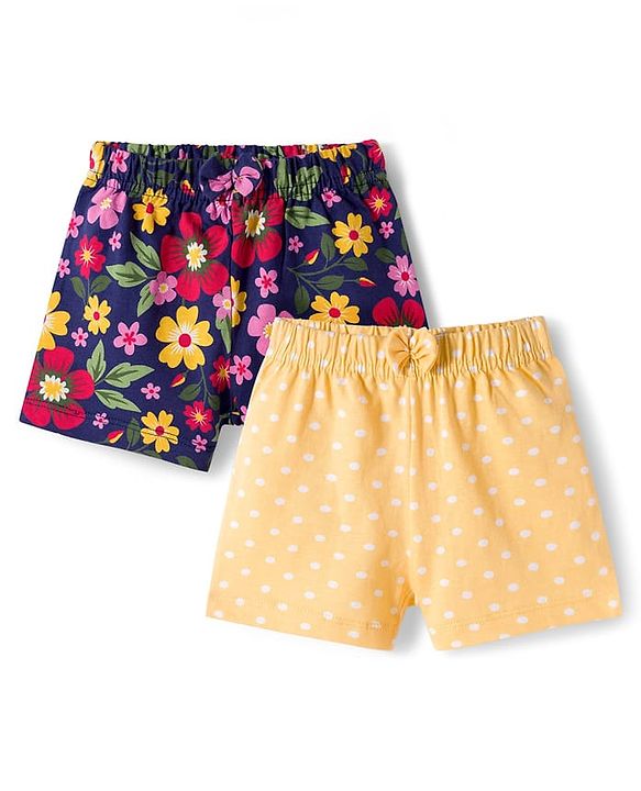Babyhug Single Jersey Knit Floral & Polka Dots Printed Mid Thigh Length Shorts With Bow Applique Pack Of 2 - Navy Blue & Yellow