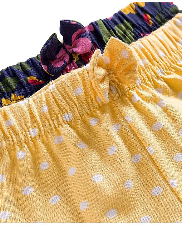 Babyhug Single Jersey Knit Floral & Polka Dots Printed Mid Thigh Length Shorts With Bow Applique Pack Of 2 - Navy Blue & Yellow