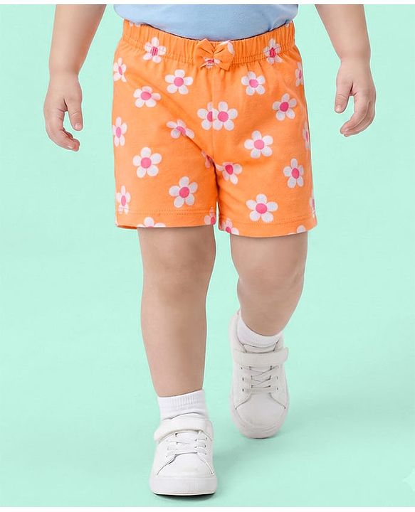 Babyhug Single Jersey Knit Mid Thigh Shorts With Floral Print Pack Of 3 - Pink Orange & Fuchsia
