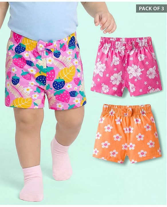 Babyhug Single Jersey Knit Mid Thigh Shorts With Floral Print Pack Of 3 - Pink Orange & Fuchsia
