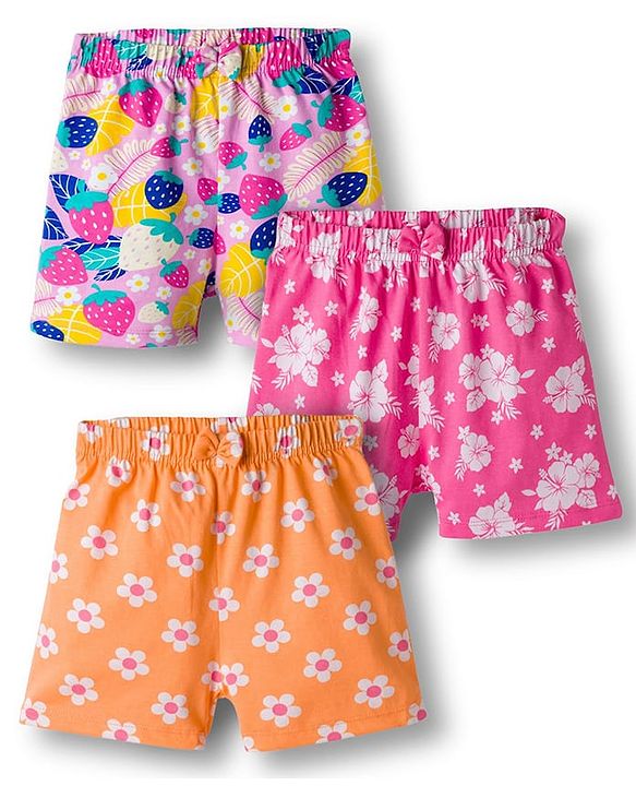 Babyhug Single Jersey Knit Mid Thigh Shorts With Floral Print Pack Of 3 - Pink Orange & Fuchsia