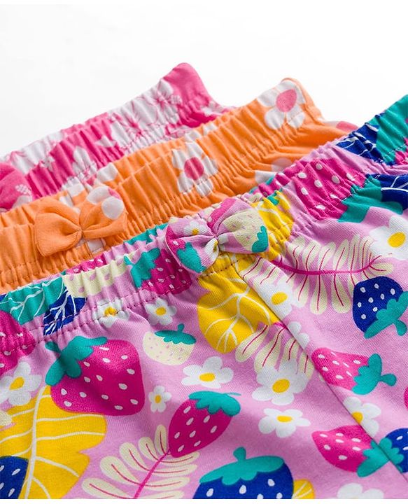 Babyhug Single Jersey Knit Mid Thigh Shorts With Floral Print Pack Of 3 - Pink Orange & Fuchsia