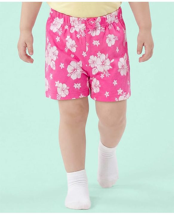 Babyhug Single Jersey Knit Mid Thigh Shorts With Floral Print Pack Of 3 - Pink Orange & Fuchsia