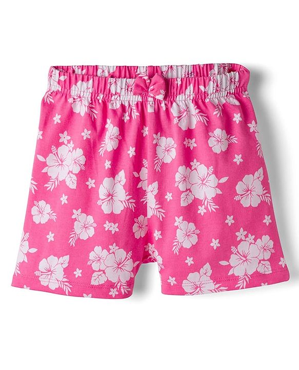 Babyhug Single Jersey Knit Mid Thigh Shorts With Floral Print Pack Of 3 - Pink Orange & Fuchsia