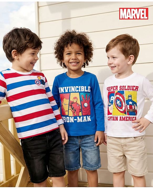 Babyhug Marvel Single Jersey Knit Full Sleeves T-Shirts with Avengers Graphic & Stripes Pack of 3 - Multicolor