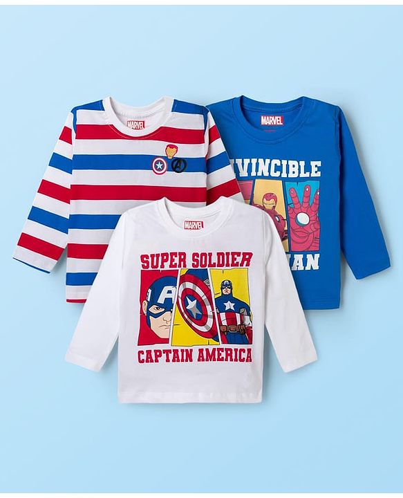 Babyhug Marvel Single Jersey Knit Full Sleeves T-Shirts with Avengers Graphic & Stripes Pack of 3 - Multicolor