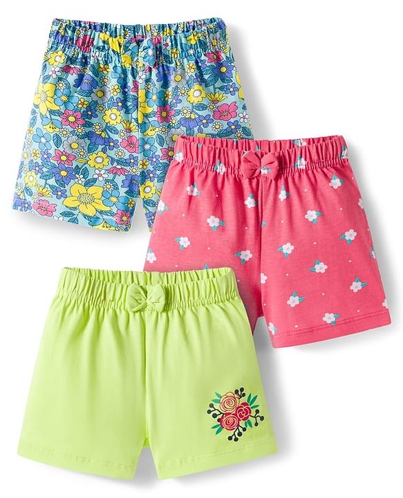 Babyhug Single Jersey Knit Floral Printed Shorts With Bow Pack Of 3- Multicolour
