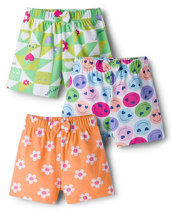 Babyhug Single Jersey Knit Mid Thigh Shorts With Floral Print Pack Of 3 - Light Green Orange & White