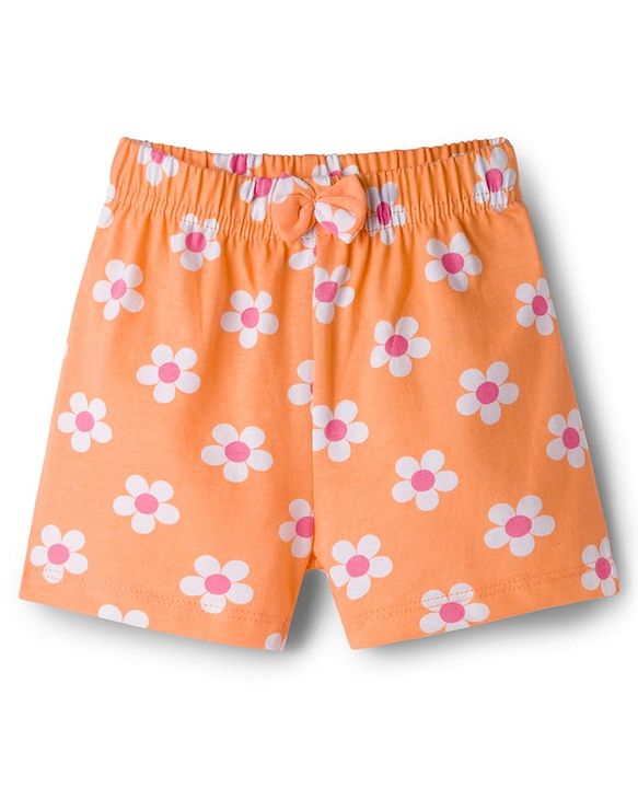 Babyhug Single Jersey Knit Mid Thigh Shorts With Floral Print Pack Of 3 - Light Green Orange & White