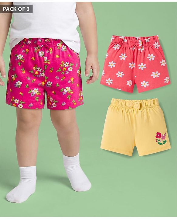Babyhug Single Jersey Knit Floral Printed Mid Thigh Length Shorts With Bow Applique Pack Of 3 - Dark Pink & Yellow
