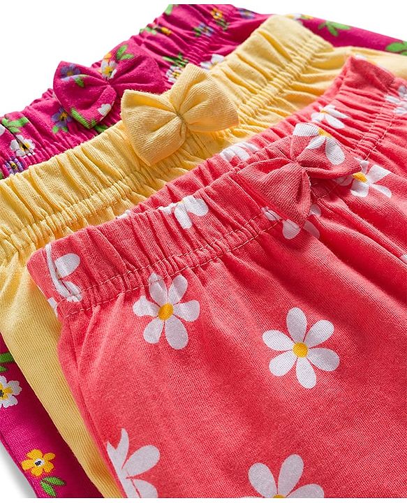Babyhug Single Jersey Knit Floral Printed Mid Thigh Length Shorts With Bow Applique Pack Of 3 - Dark Pink & Yellow