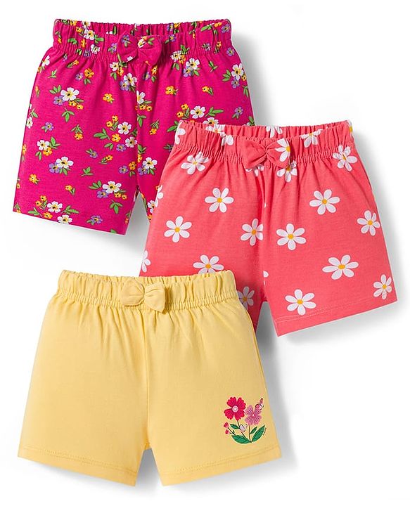 Babyhug Single Jersey Knit Floral Printed Mid Thigh Length Shorts With Bow Applique Pack Of 3 - Dark Pink & Yellow