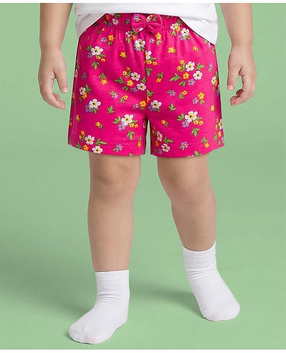 Babyhug Single Jersey Knit Floral Printed Mid Thigh Length Shorts With Bow Applique Pack Of 3 - Dark Pink & Yellow
