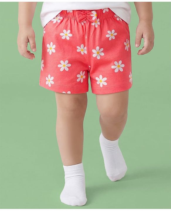 Babyhug Single Jersey Knit Floral Printed Mid Thigh Length Shorts With Bow Applique Pack Of 3 - Dark Pink & Yellow