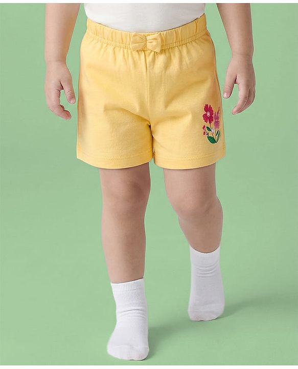 Babyhug Single Jersey Knit Floral Printed Mid Thigh Length Shorts With Bow Applique Pack Of 3 - Dark Pink & Yellow