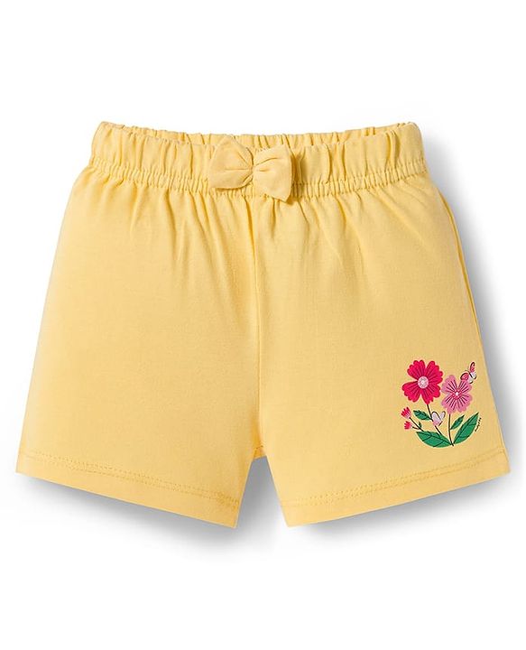 Babyhug Single Jersey Knit Floral Printed Mid Thigh Length Shorts With Bow Applique Pack Of 3 - Dark Pink & Yellow