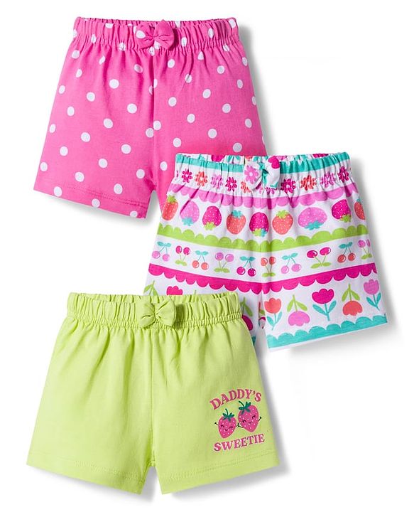 Babyhug Single Jersey Knit Mid Thigh Fruit & Polka Dot Printed Shorts With Bow Applique Pack of 3 - Light Green Dark Pink & White