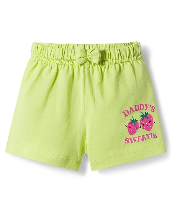 Babyhug Single Jersey Knit Mid Thigh Fruit & Polka Dot Printed Shorts With Bow Applique Pack of 3 - Light Green Dark Pink & White