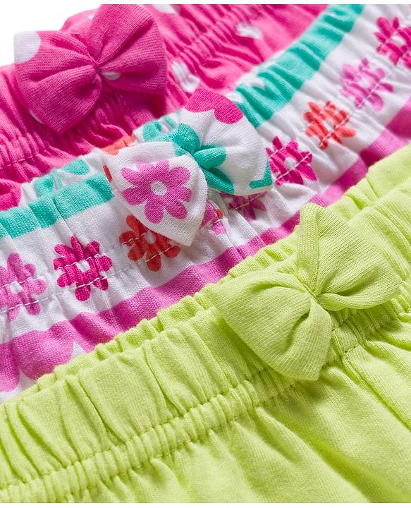 Babyhug Single Jersey Knit Mid Thigh Fruit & Polka Dot Printed Shorts With Bow Applique Pack of 3 - Light Green Dark Pink & White