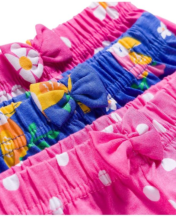 Babyhug Single Jersey Knit Mid Thigh Shorts With Floral Bird & Polka Dot Print Pack of 3 - Pink & Blue