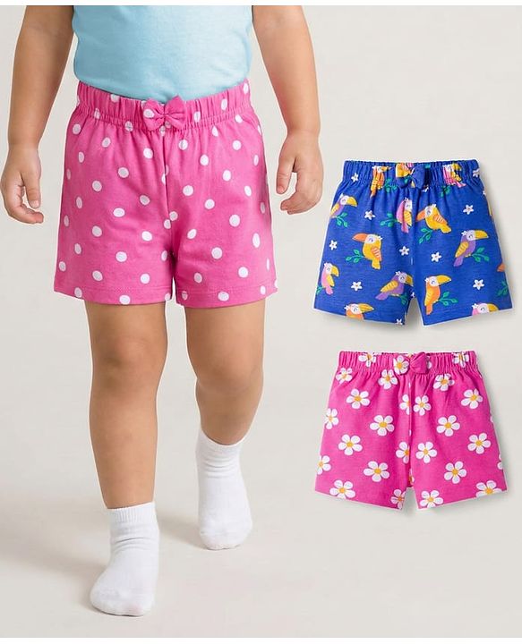 Babyhug Single Jersey Knit Mid Thigh Shorts With Floral Bird & Polka Dot Print Pack of 3 - Pink & Blue