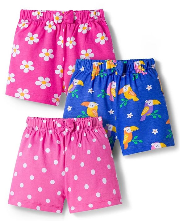 Babyhug Single Jersey Knit Mid Thigh Shorts With Floral Bird & Polka Dot Print Pack of 3 - Pink & Blue